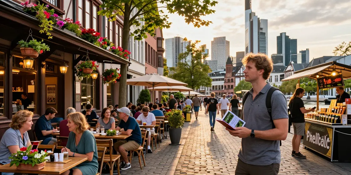 How To Buy Top Quality Marijuana In Frankfurt, Germany If You’re A Tourist? A tourist exploring vibrant Frankfurt's cannabis scene while holding a guidebook and smartphone.