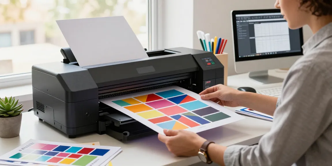 Professional using a poster printer machine to create vibrant marketing materials in a modern office.
