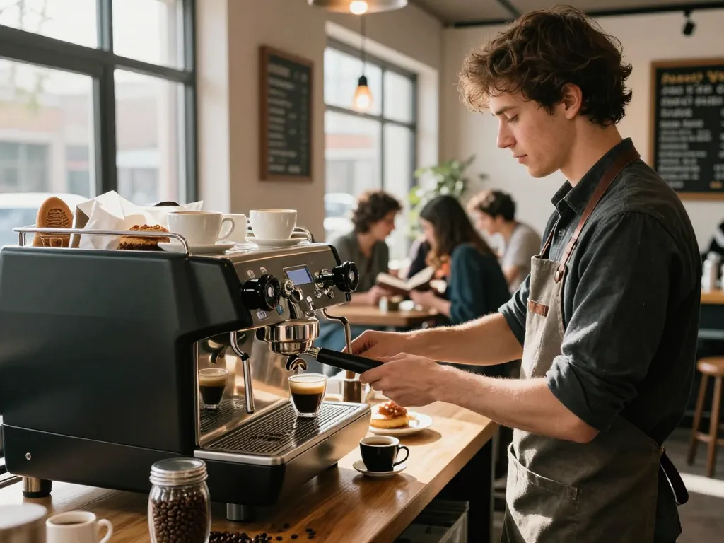 Doppio 2x espresso preparation scene in a cozy café with barista and natural light.