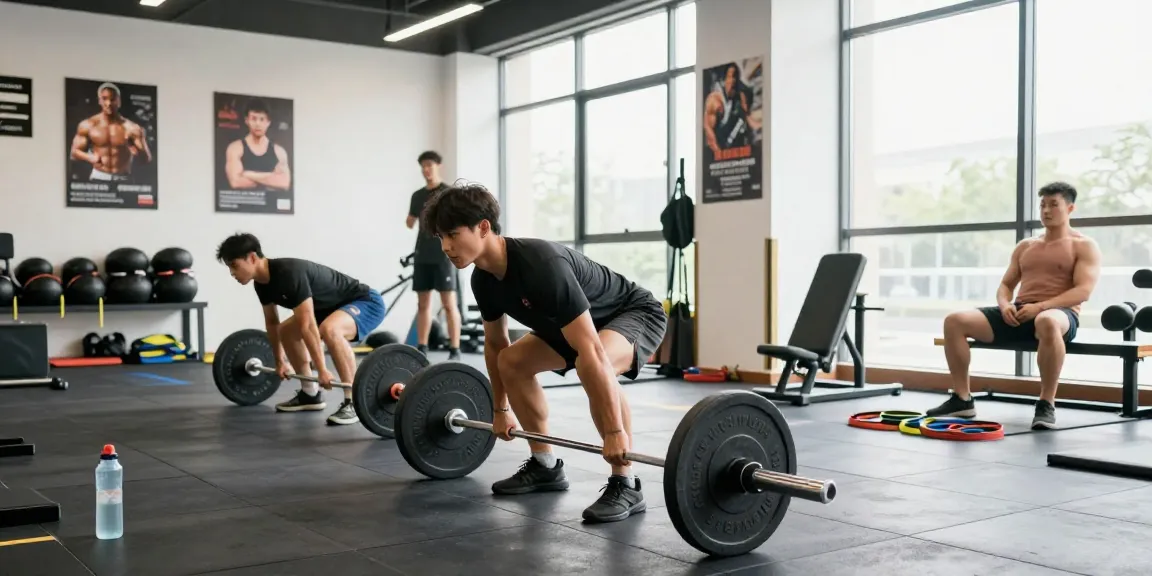 Ein Athlet hebt Gewichte im modernen Fitnessstudio, umgeben von Deus Medical Produkten und Ausrüstung.