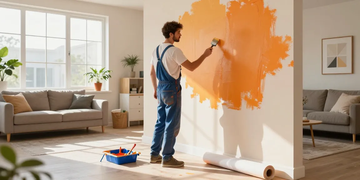 Painting services in action as a professional applies vibrant color in a modern living room.