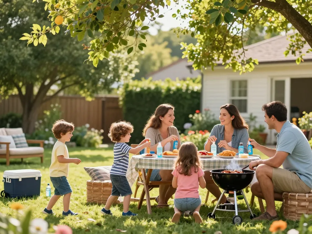 Family enjoying summer BBQ while applying Best Mosquito Repellent in sunny backyard.
