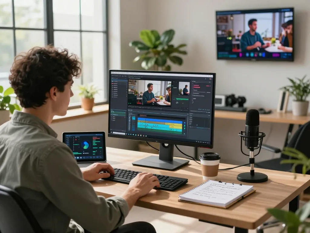 AI specialist using video to prompt AI technology in a dynamic digital workspace.