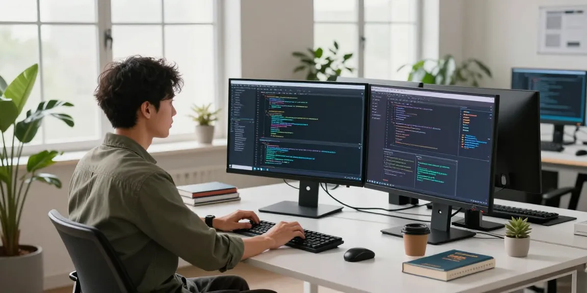 Developer coding at modern tech workspace with bdtjl software tools and vibrant screens