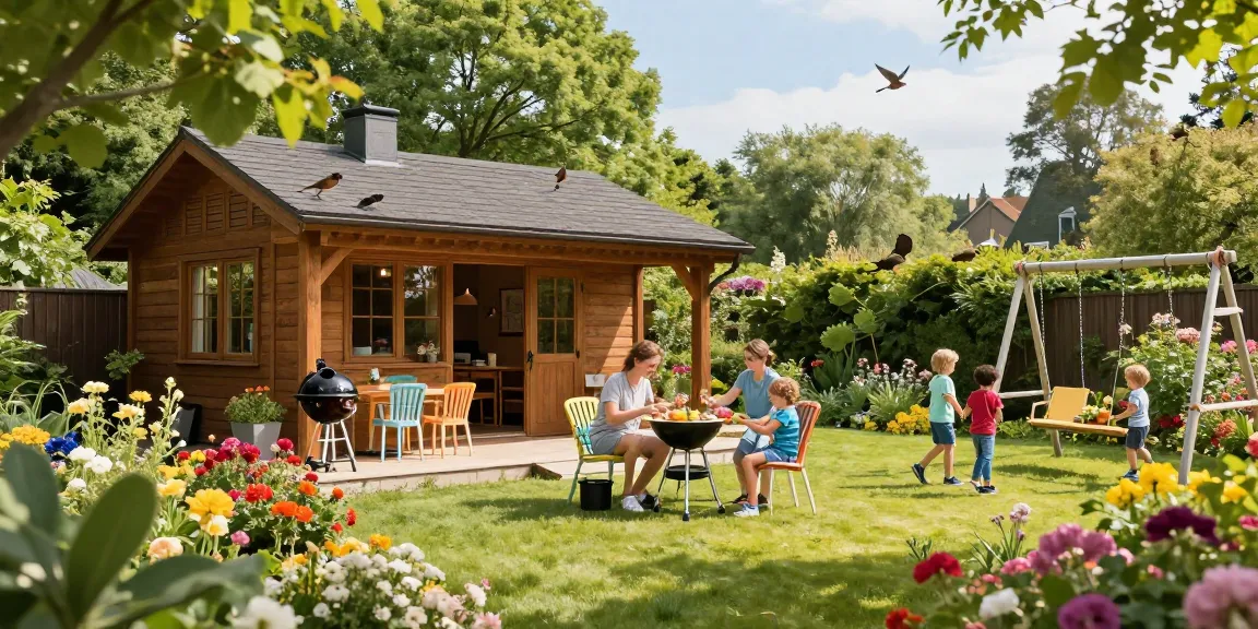 Garten Haus mit blühenden Blumen im Garten, ideal für Familienveranstaltungen.