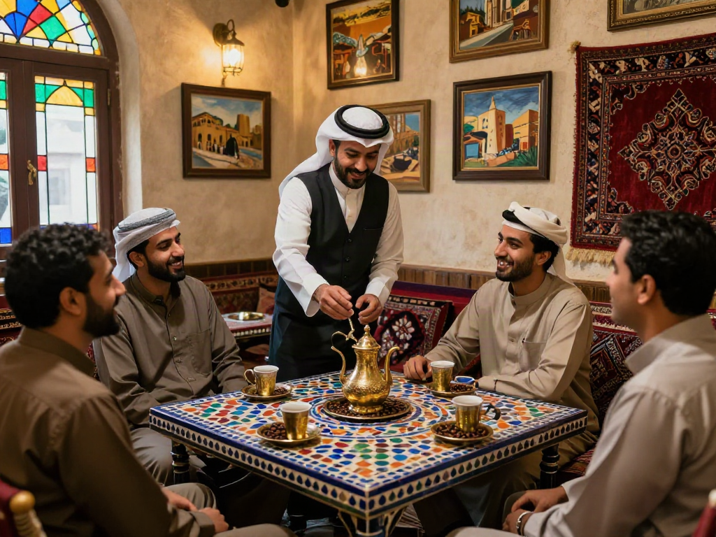 قهوة في الرياض، مقهى يقدم قهوة عربية مع أجواء دافئة وودية.