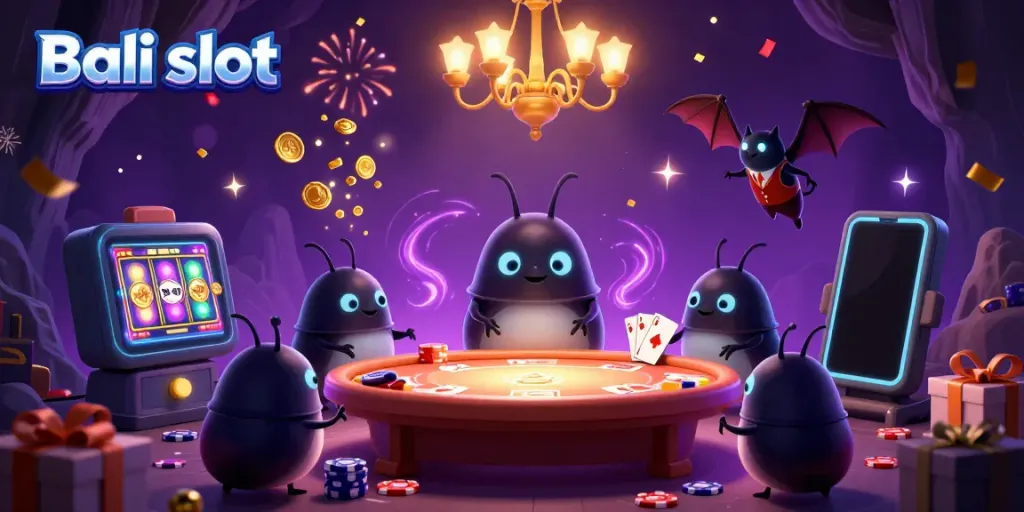 Glowworms illuminate a festive cave casino while showcasing Bali slot excitement with dynamic game elements.