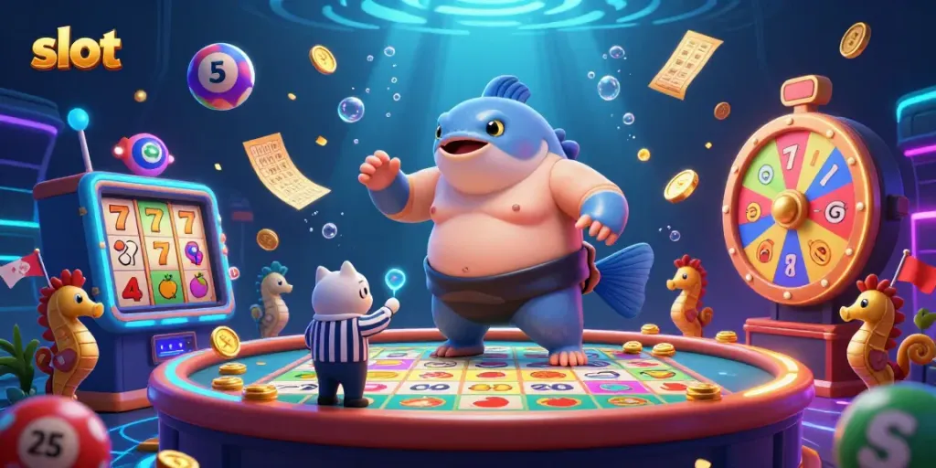 Menangkan jackpot dalam permainan slot dengan fugu kartun dan seahorse pendukung di arena bawah laut.