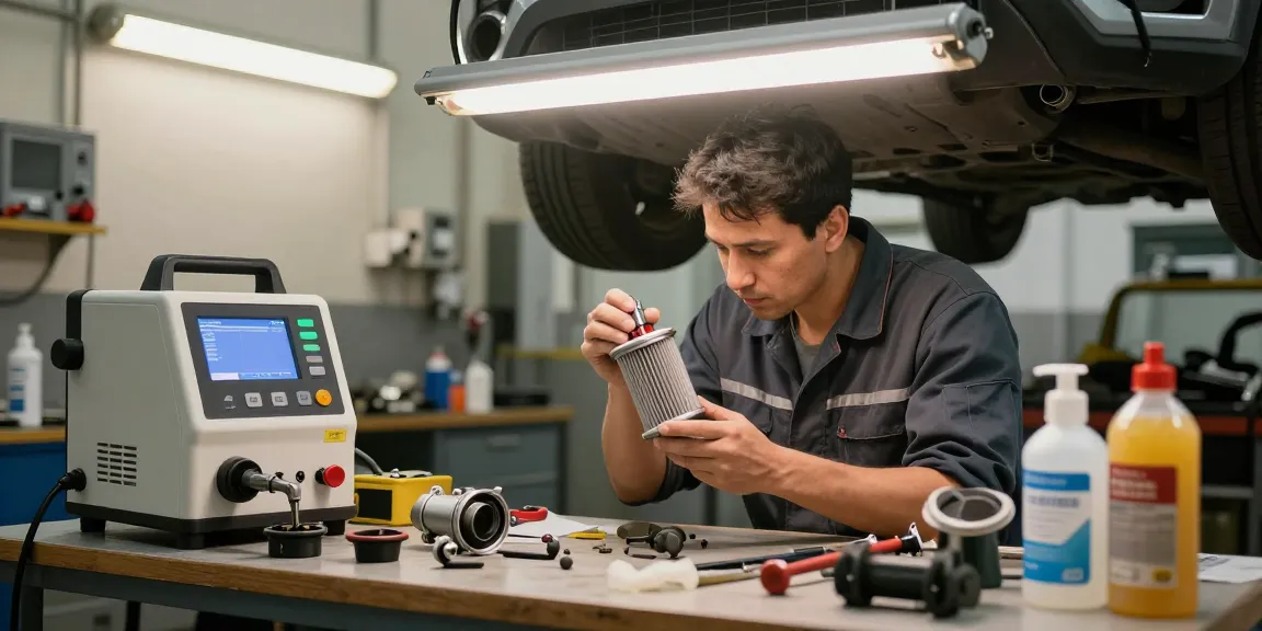 Mechaniker reinigt DPF in professioneller Werkstatt für DPF-Reinigung