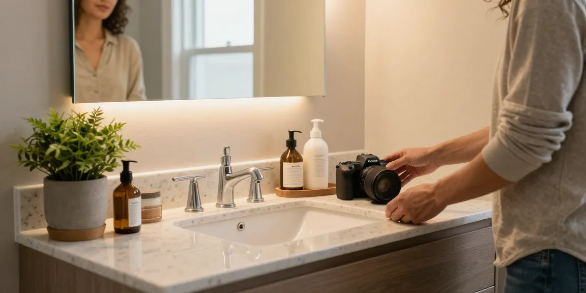 Modern bathroom vanity with sleek quartz top, stylish mirror, and warm lighting.