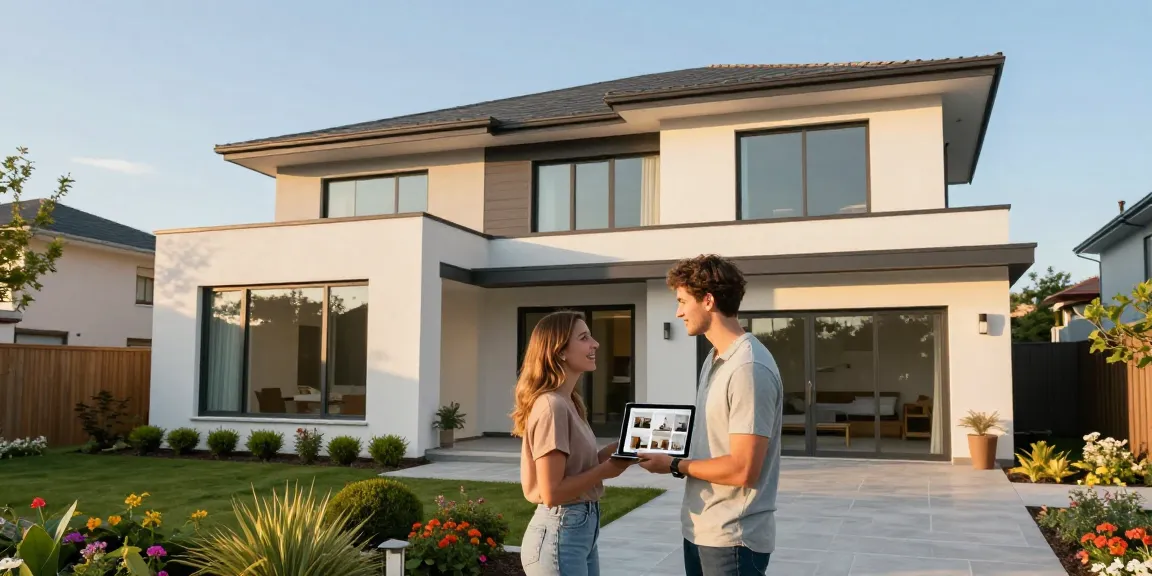 A modern one-story house showcasing stylish design elements, highlighting the significance of แบบบ้านชั้นเดียวสไตล์ โม เดิ ร์ น in contemporary architecture while a couple discusses interior ideas.