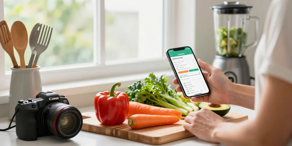 The best calorie tracker app displayed on a smartphone in a bright kitchen with fresh vegetables, promoting healthy eating.