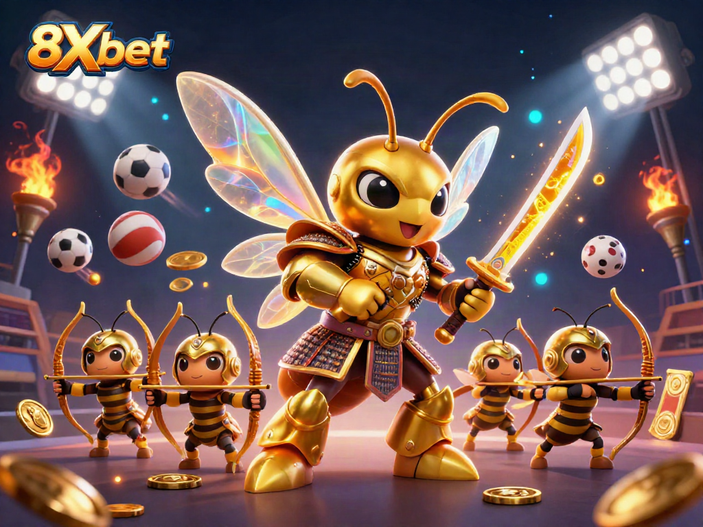 Engage with 8Xbet's exciting sports betting world featuring vibrant characters and dynamic elements.
