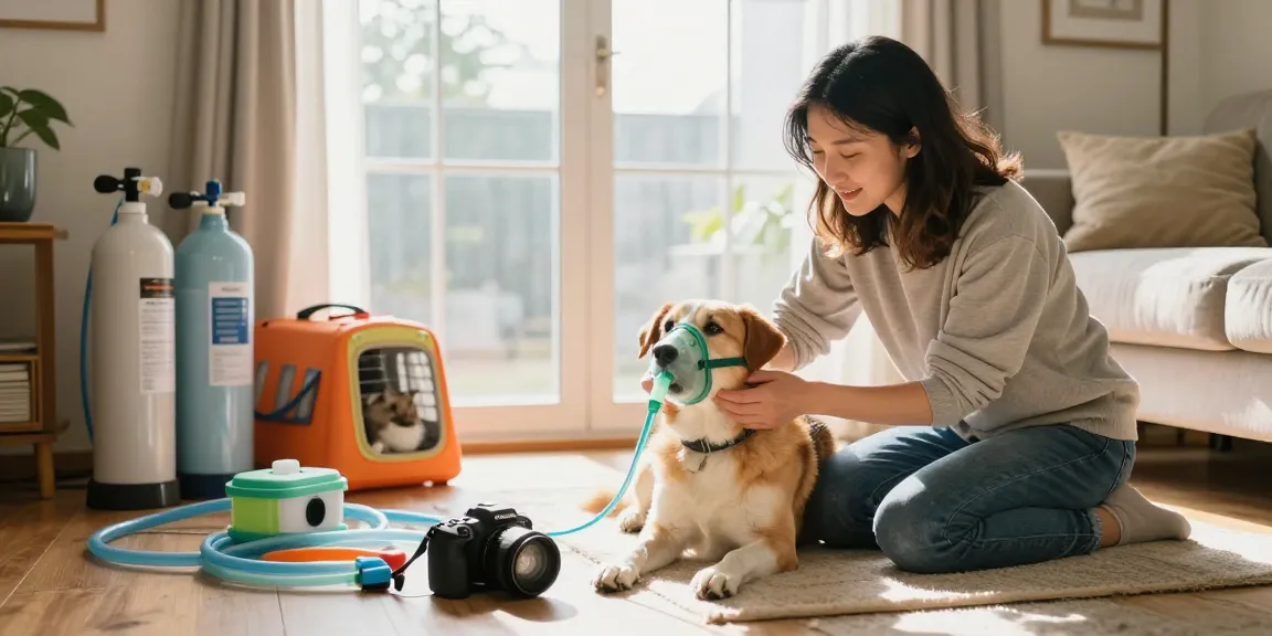 Oxygen therapy for pets using equipment from https://www.petair.hk/ in a calming living room.