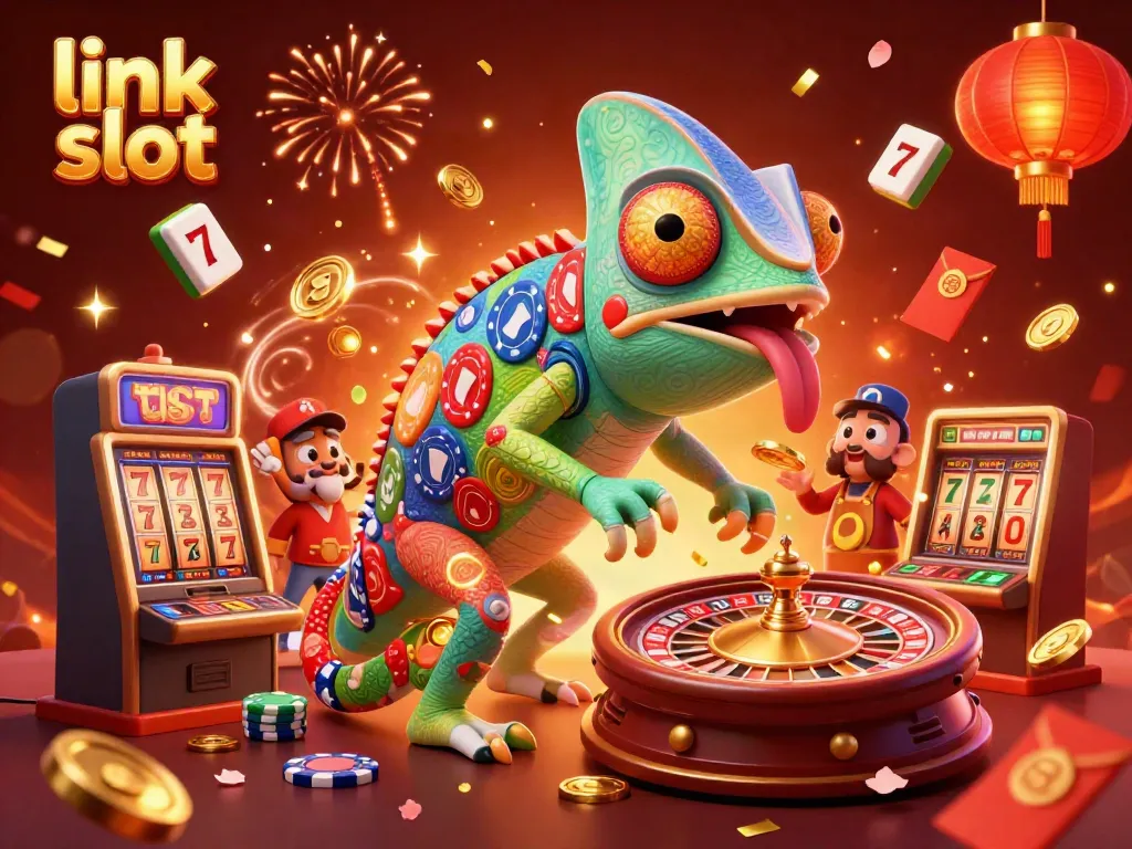 Menang di link slot dengan ilustrasi kasino yang kaya warna dan penuh aksi.