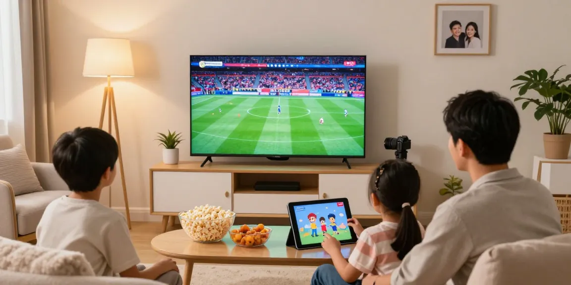 Famille profitant de l'iptv dans un salon chaleureux avec télévision et appareils.