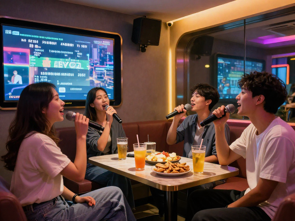 강남 유앤미에서 친구들과 함께 노래하는 즐거운 모습과 아늑한 분위기