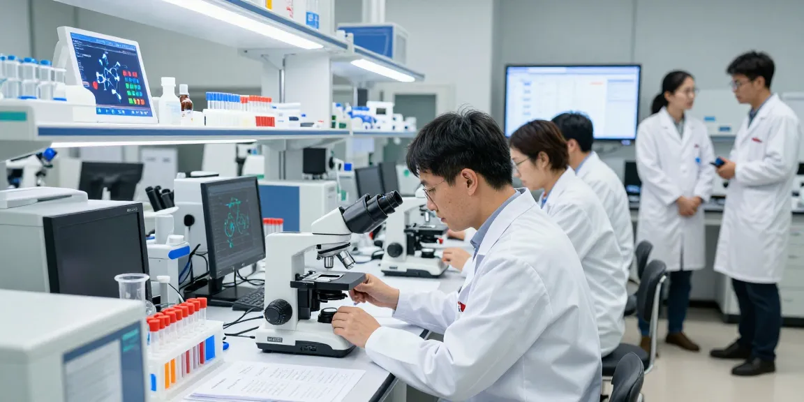 Scientists analyzing swiss chems labs peptide samples in a modern research facility.