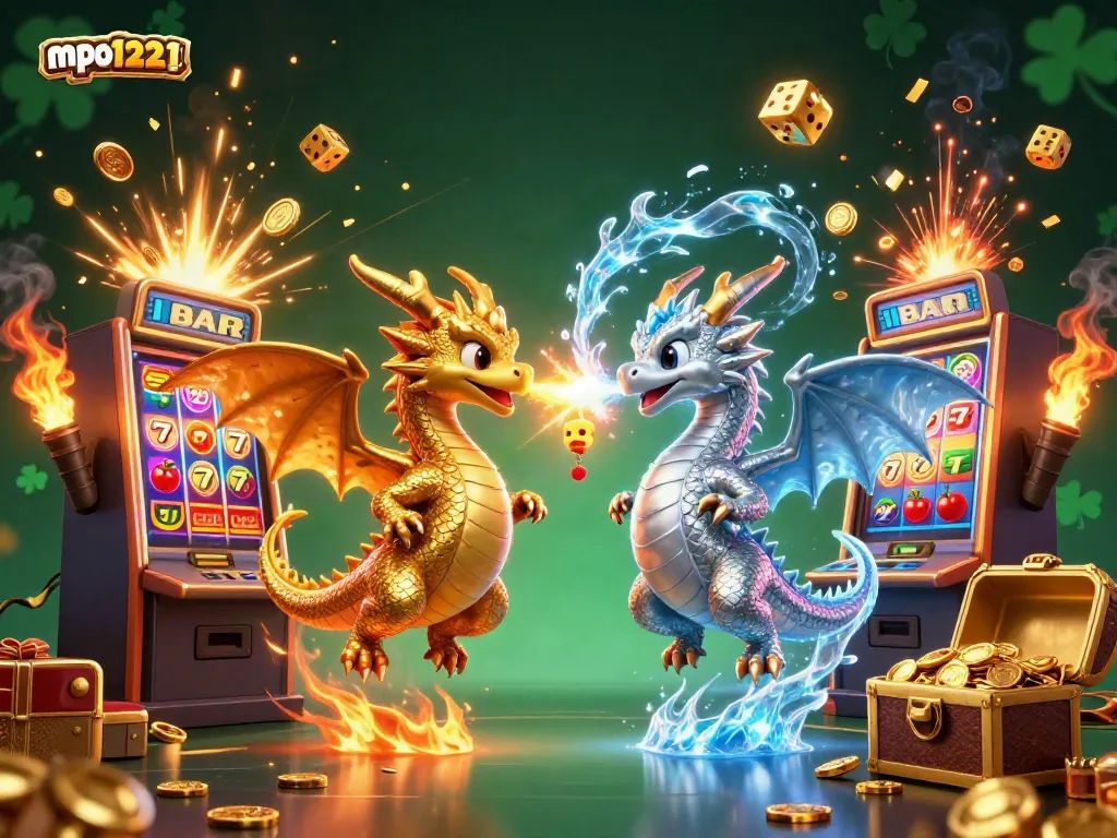 Experience the excitement of mpo1221 as 3D dragons battle amidst a slot machine jackpot explosion.