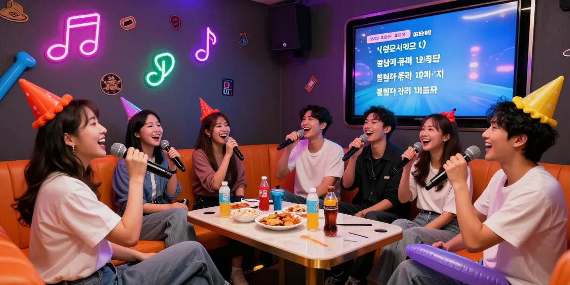 Enjoying a lively night at 강남가라오케 with friends, singing and vibrant decor.