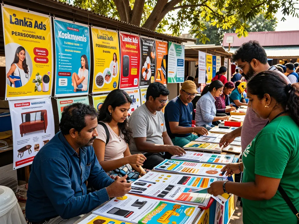 Lanka Ads vibrant marketplace scene highlighting community interaction and diverse advertisements.