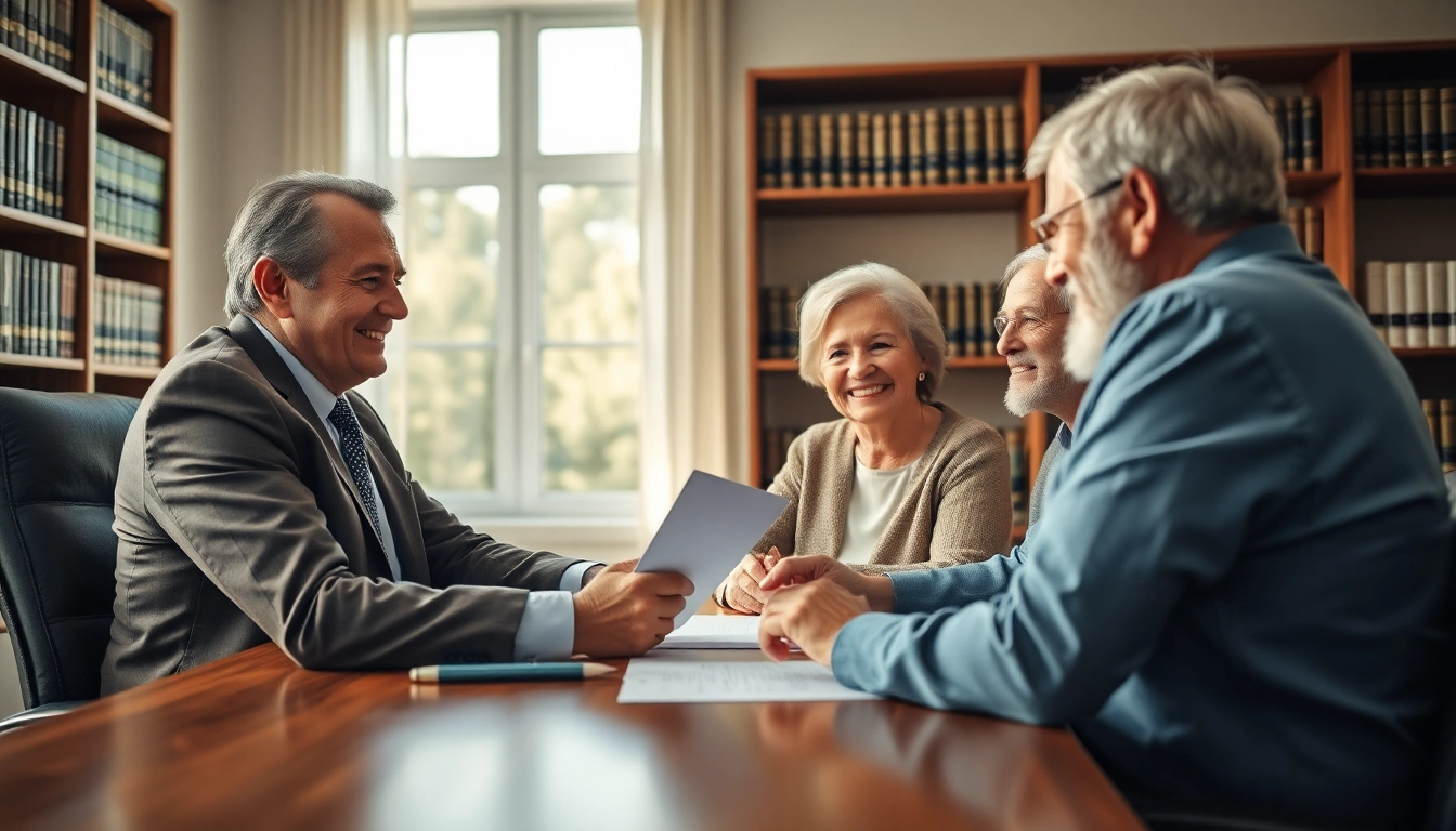 Estate Planning consultation with a professional lawyer and a happy elderly couple.