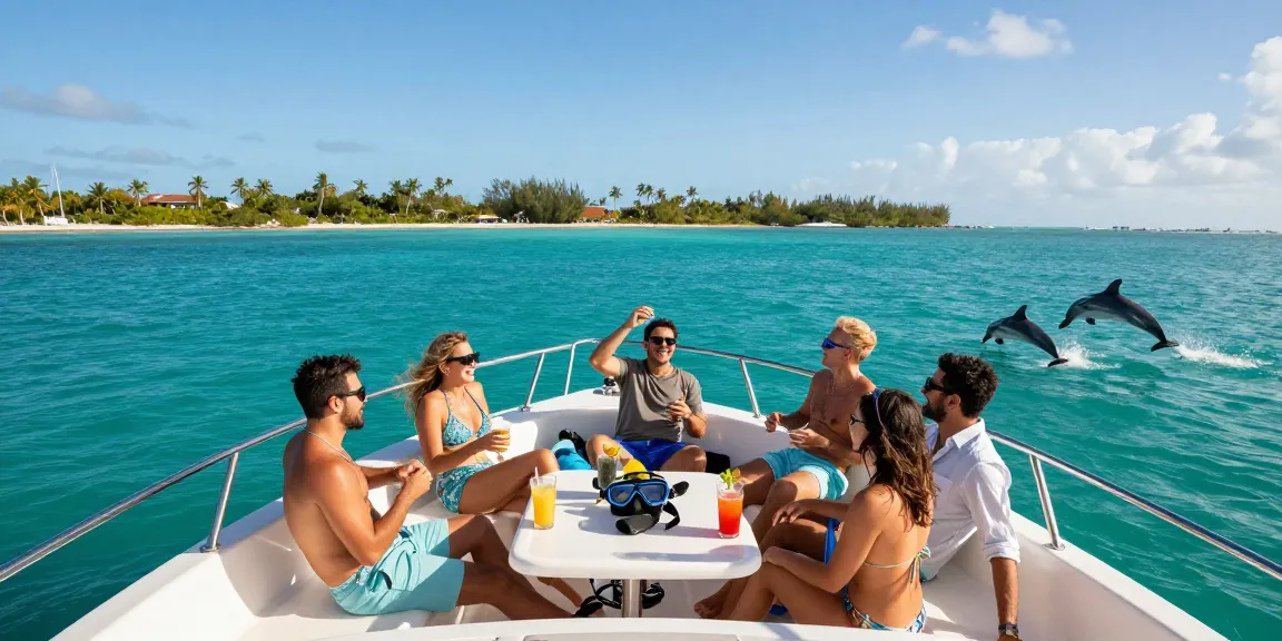 Group enjoying a yacht rental in Punta Cana, vibrant ocean background, snorkeling gear, and tropical scenery.