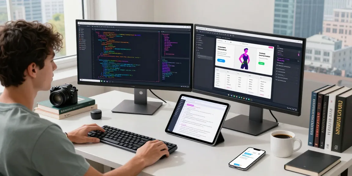 Build Android apps from scratch in a dynamic workspace with code on screens, a developer at work, and app design elements.