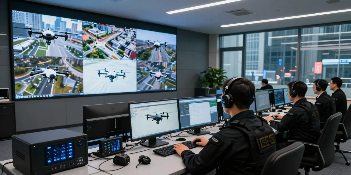 Operator monitoring Anti drone jammer systems in a high-tech control room.