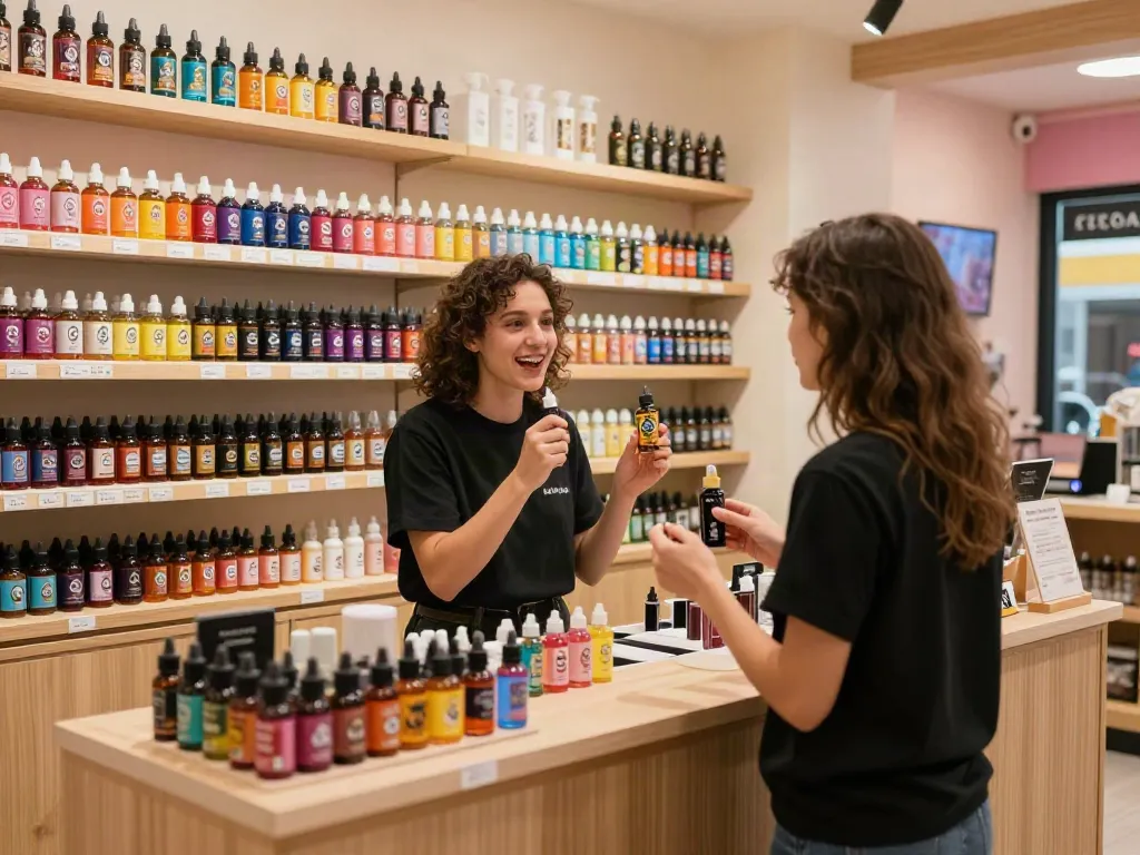 Colorful display of clown e liquid bottles in a vape shop, engaging customer interaction.