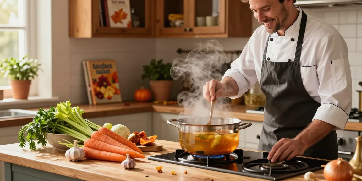 Leckere klare Suppe mit saisonalem Gemüse und gemütlicher Küchenatmosphäre für behagliche Mahlzeiten.