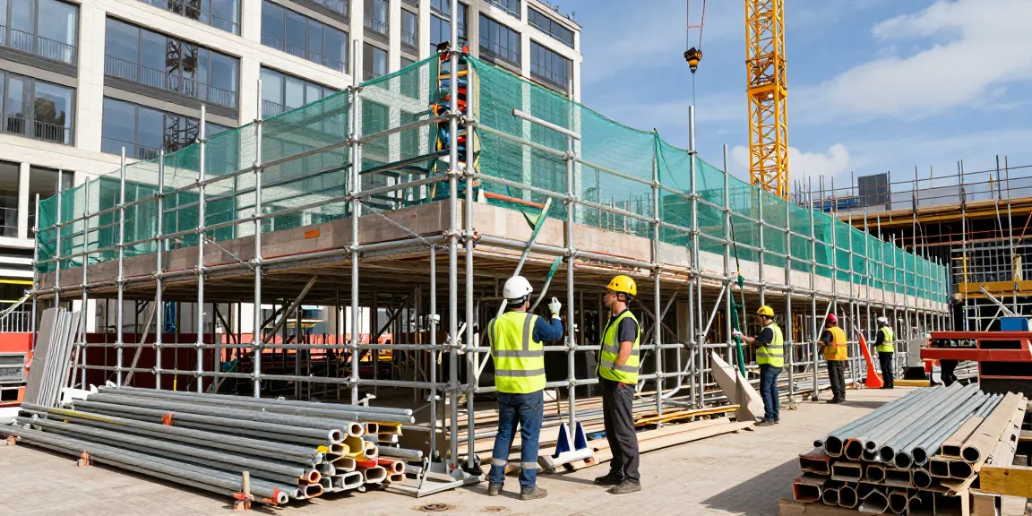 Commercial Scaffolding London team working on a bustling construction site.