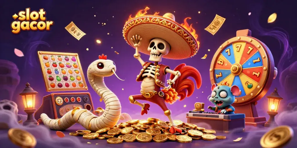 Experience slot gacor excitement with a vibrant 3D illustration featuring fun characters celebrating wins amidst casino elements.