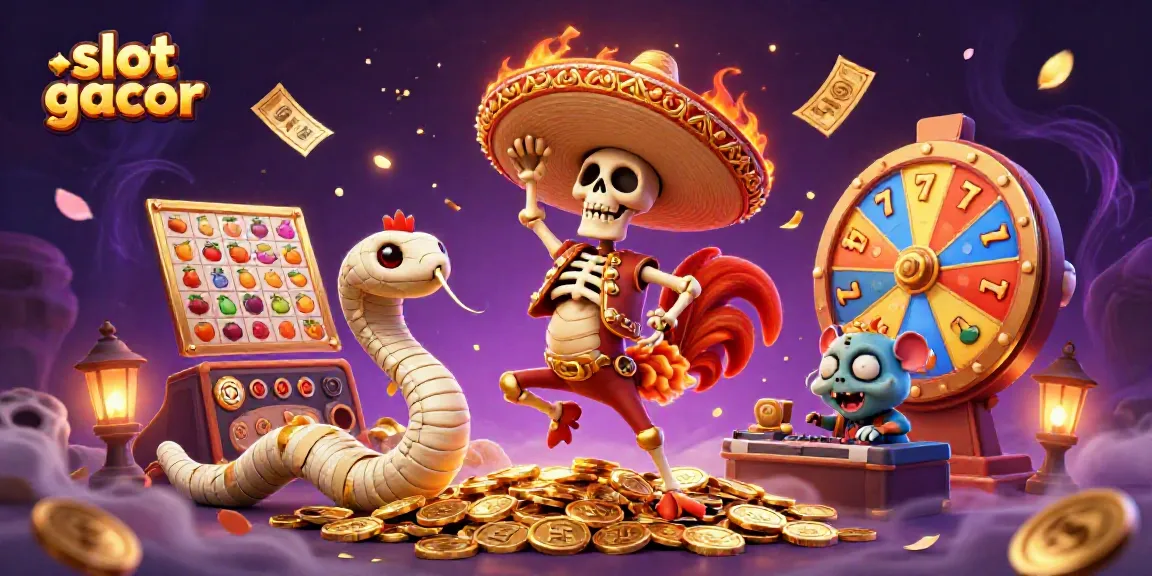 Experience slot gacor excitement with a vibrant 3D illustration featuring fun characters celebrating wins amidst casino elements.