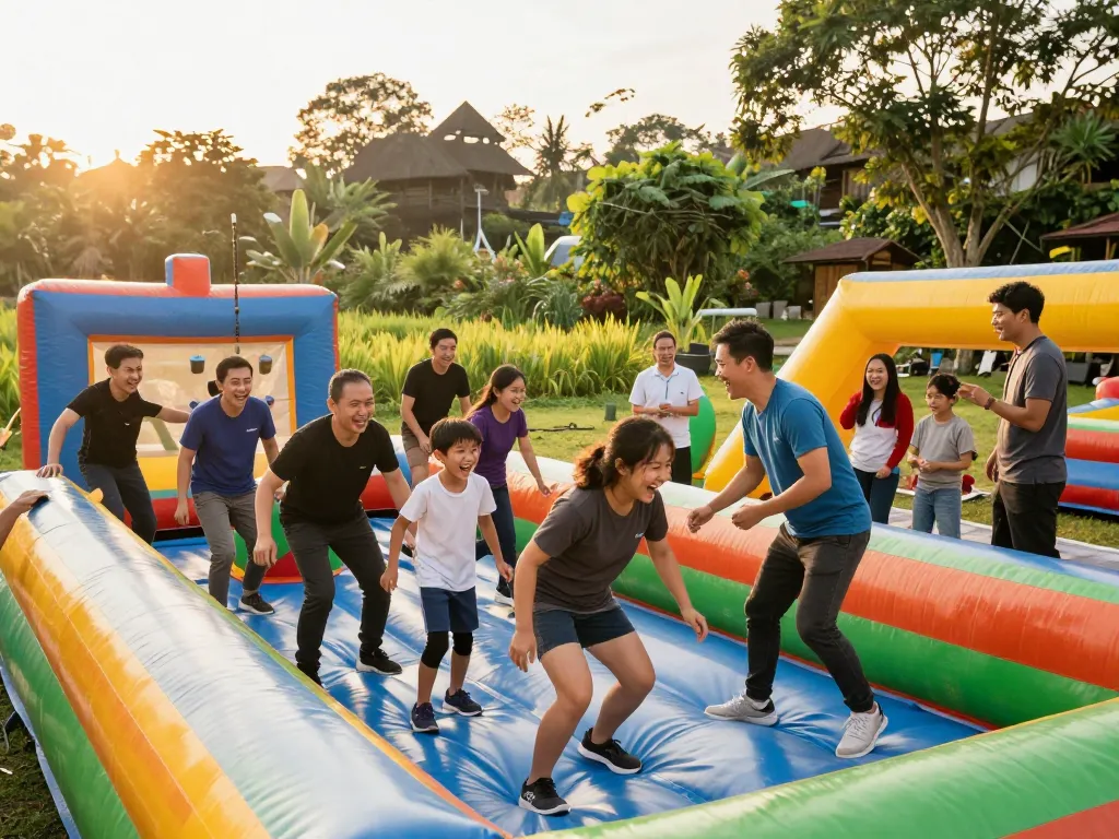 Exciting outbound jogja team-building activities at a scenic location, showcasing participants in energetic challenges.
