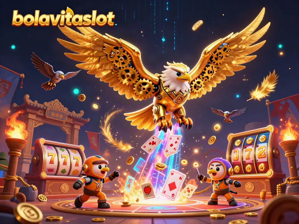 Experience excitement with bolavitaslot as the cybernetic golden eagle dives through slot symbols and holographic cards.