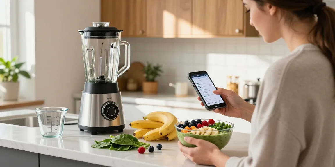 Individual using the best food tracker app while preparing a healthy smoothie bowl in a bright kitchen.