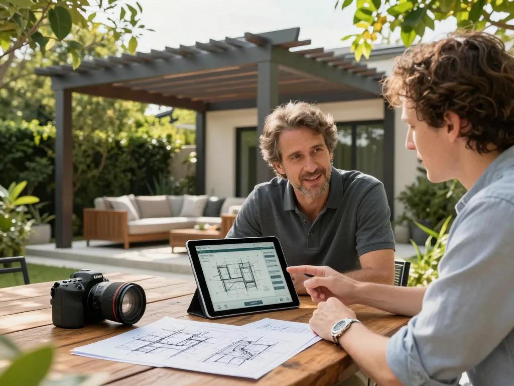 Engaging client interaction with Pergola Configurator Software in a modern garden setting.