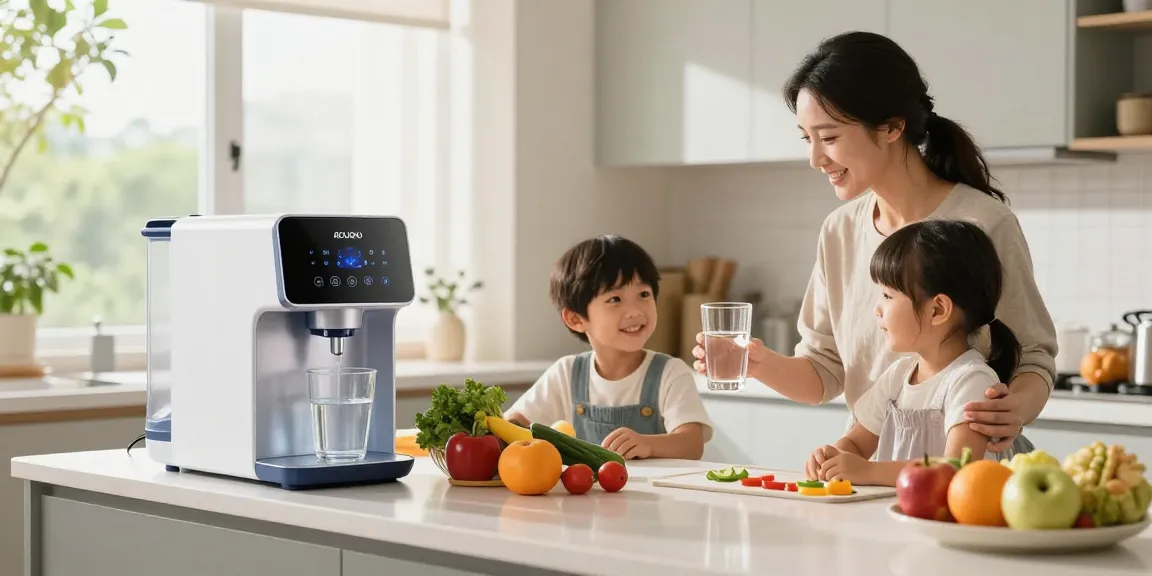 Family enjoying clean, healthy water from Acuario water filtration systems in a bright kitchen.