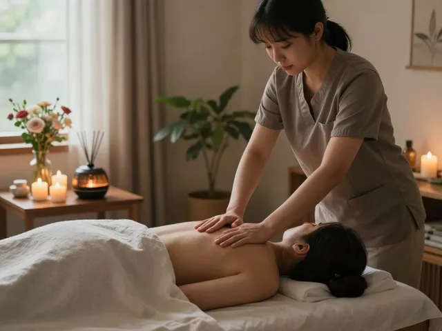 Soothe your senses with 성남출장마사지 in a serene home environment, featuring a therapist at work.