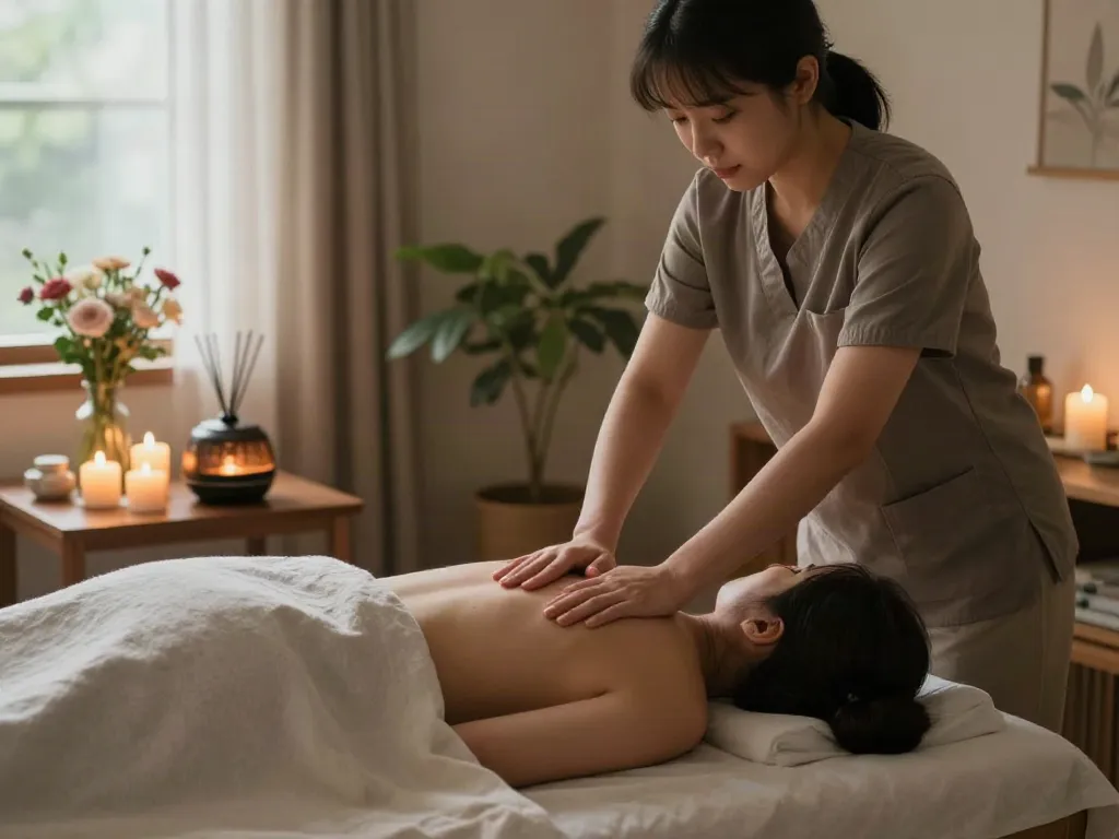 Soothe your senses with 성남출장마사지 in a serene home environment, featuring a therapist at work.