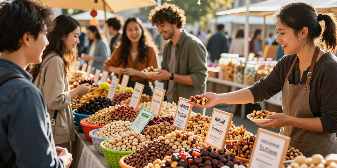 Fresh mixed nuts and dried fruits featured at a vibrant market with M98 ฝาก-ถอน promotions to entice customers.