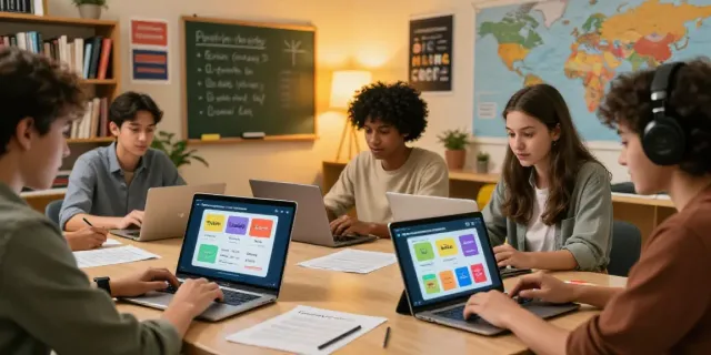 Engaged students learning English online in a collaborative environment using digital tools, showcasing language acquisition techniques.