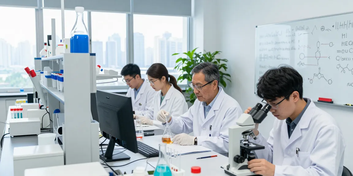 Copper peptide research in a lab with scientists collaborating on experiments and analyzing results.