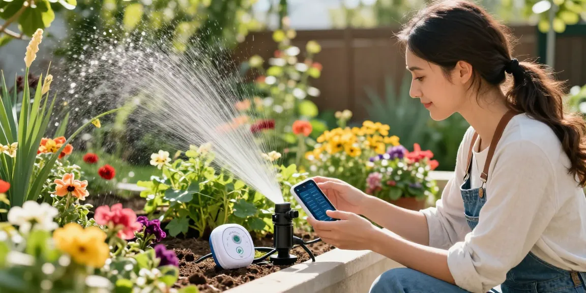 Gardener using the rainpoint sprinkler timer to optimize watering in a vibrant flower bed.