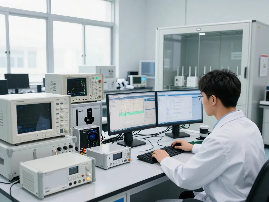 EMI Testing in a high-tech EMC lab with advanced equipment and engineer analyzing compliance data.