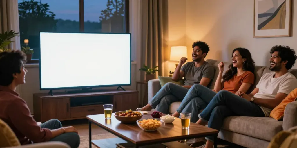 Friends enjoying a movie night with Indian web series on screen, featuring cozy decor and snacks, related to pornx11.
