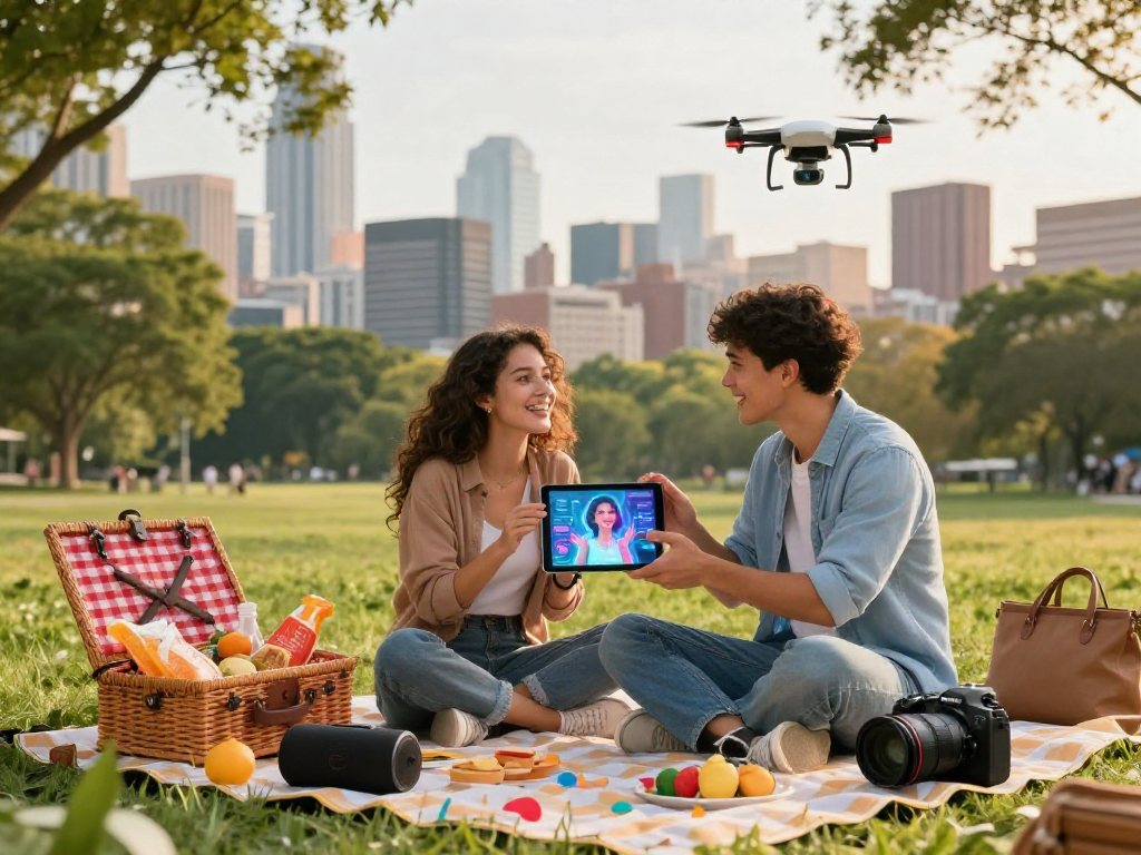 Couple enjoying ai gf experience in urban park with holographic display.