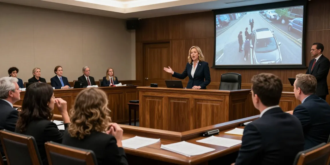 Courtroom scene featuring Karen McCleave Toronto presenting evidence in a high-profile murder trial, capturing the intense atmosphere.