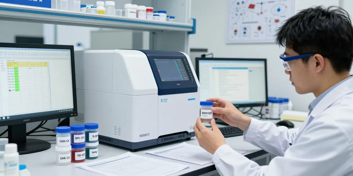 Scientist analyzing KLOW peptide stack in a lab with HPLC equipment and data sheets.